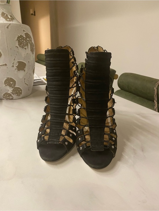 L.A.M.B.S Shoes - Black Strappy Cage High-Heel Sandals with Stud Detail